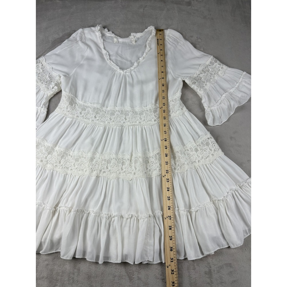 Boho White Lace Tiered Mini Dress V-Neck Bell Sleeve Ruffle Summer Sun Dress - Picture 4 of 6